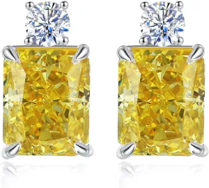 Sterling Silver Created-diamond Stud Earrings for Women, Lab Simulation 7Ct Radiant Cut Yellow Studs Earrings Hypoallergenic Perfect Jewelry Gifts for Birthday Christmas