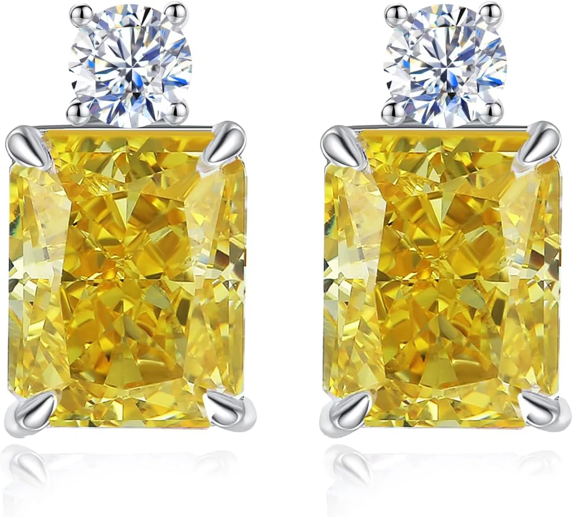 Sterling Silver Created-diamond Stud Earrings for Women, Lab Simulation 7Ct Radiant Cut Yellow Studs Earrings Hypoallergenic Perfect Jewelry Gifts for Birthday Christmas