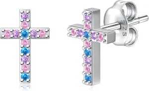 Sterling Silver Cross Stud Earrings: Women Colorful Stone Cross Heart Earrings Jewelry First Communion Gifts for Daughter Granddaughter