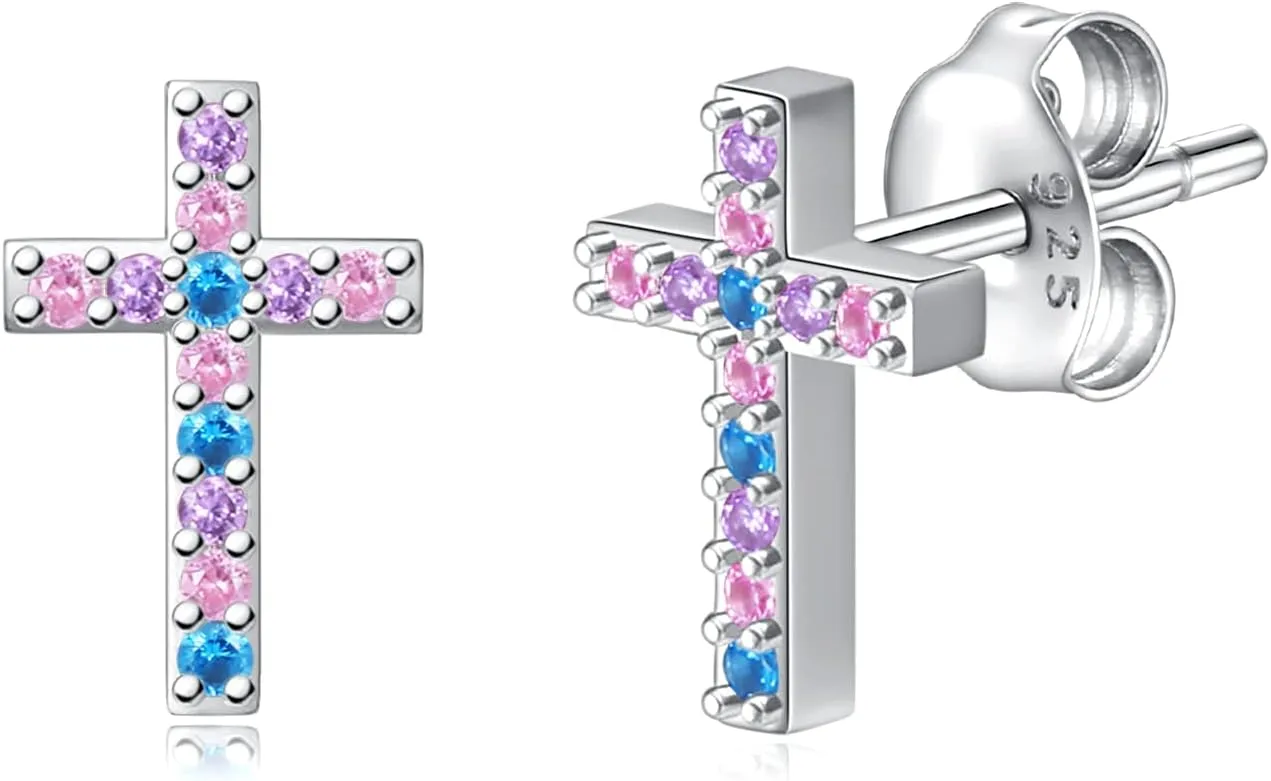 Sterling Silver Cross Stud Earrings: Women Colorful Stone Cross Heart Earrings Jewelry First Communion Gifts for Daughter Granddaughter
