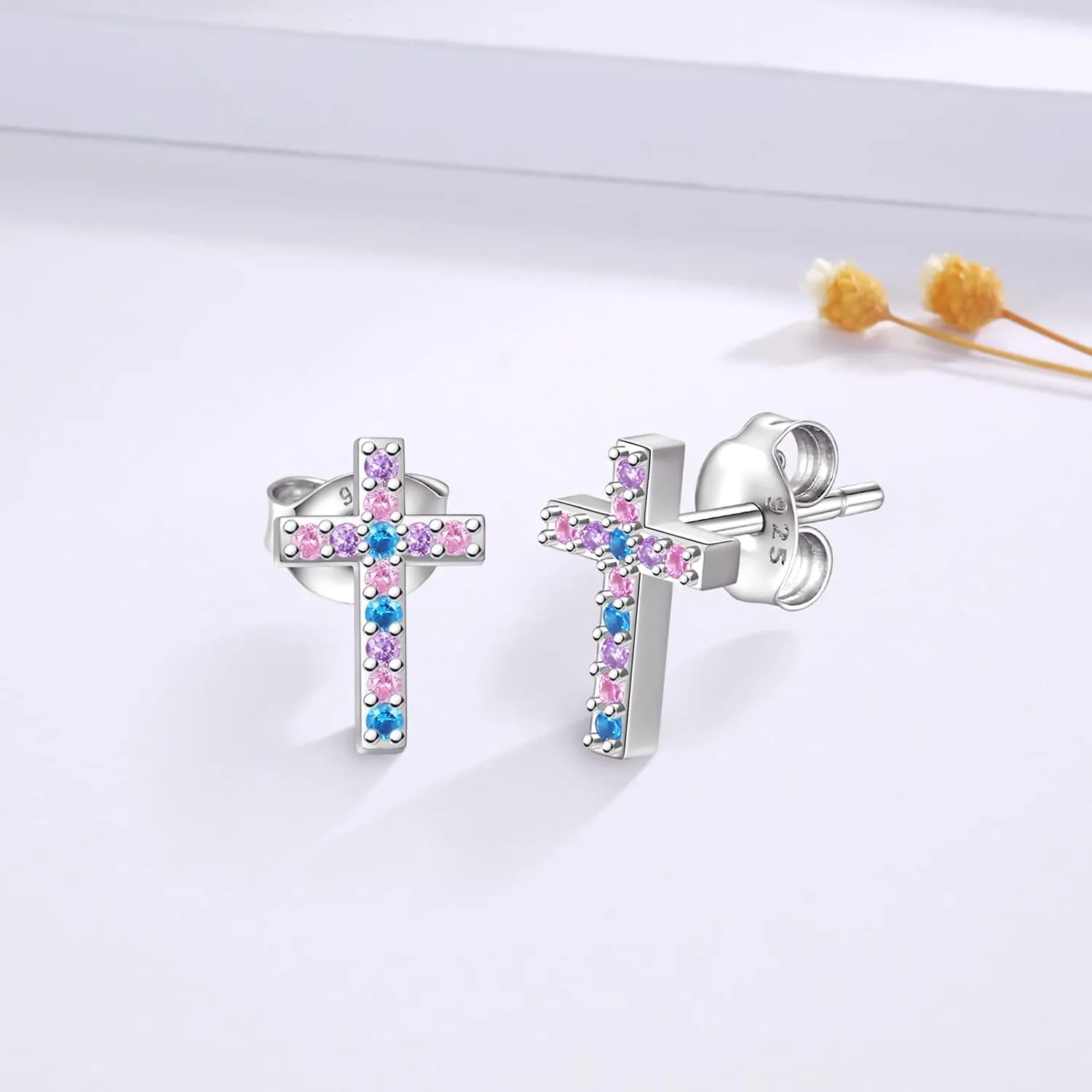 Sterling Silver Cross Stud Earrings: Women Colorful Stone Cross Heart Earrings Jewelry First Communion Gifts for Daughter Granddaughter