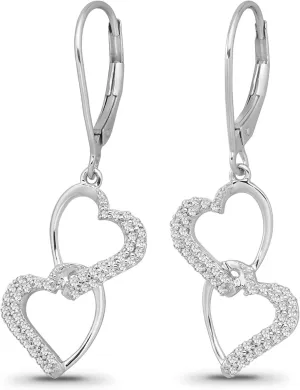 Sterling Silver Diamond Double Heart Dangle Earrings (1/3 cttw, I-J Color, I2-I3 Clarity)