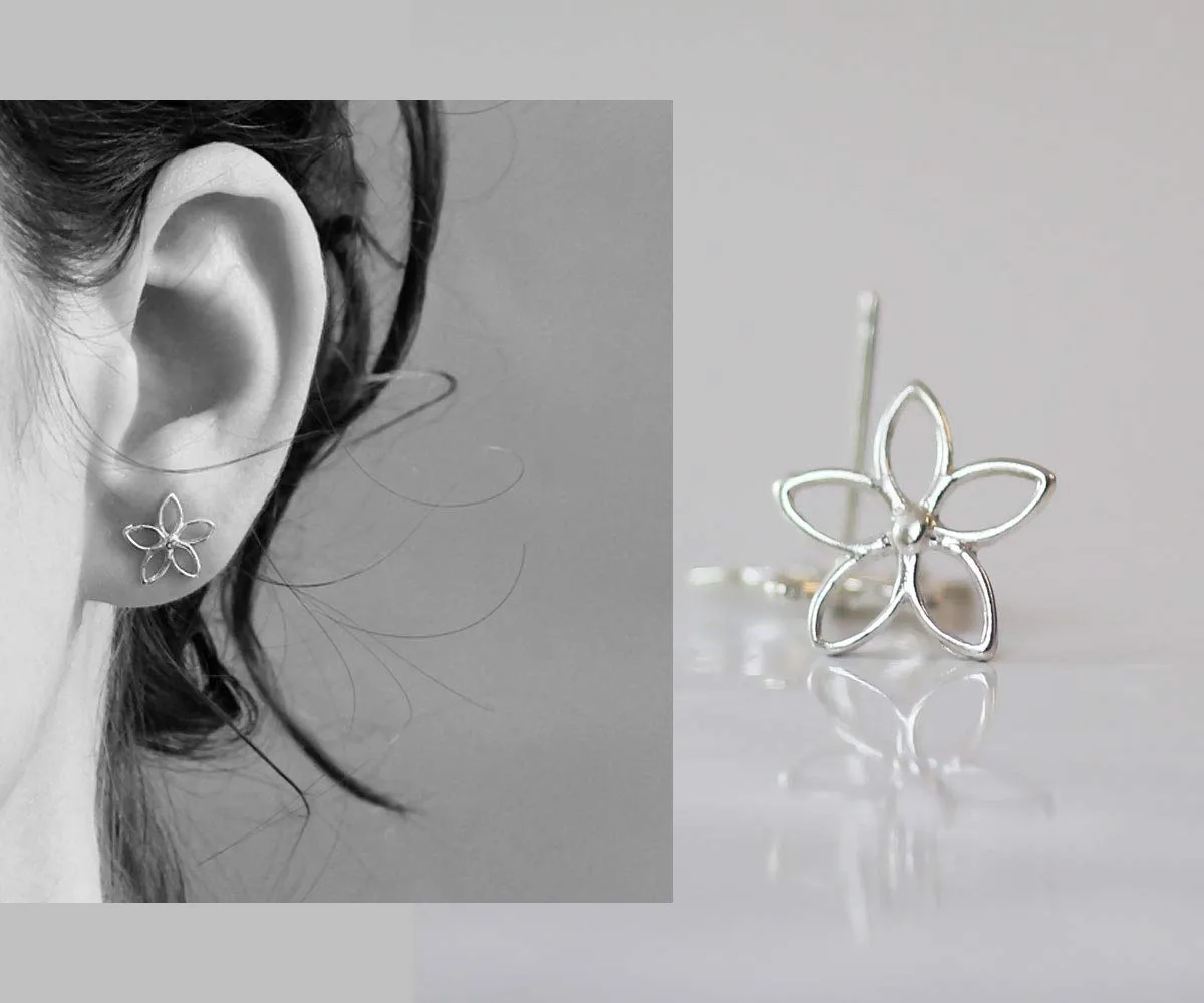 Sterling Silver Floral Stud Earring, Lotus Flowers Pair of Post Earrings, Dainty Bohemian Handmade Cute Nature Inspired Jewelry for Her, Modern Minimalist Earrings, 0.45 Inches Diameter, by Sigalagia