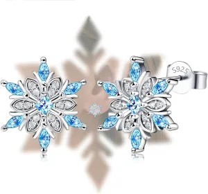 Sterling Silver Snowflake Earrings Studs Charms Hypoallergenic Fashion Light Blue CZ Stud Jewelry Birthday Gift for Women