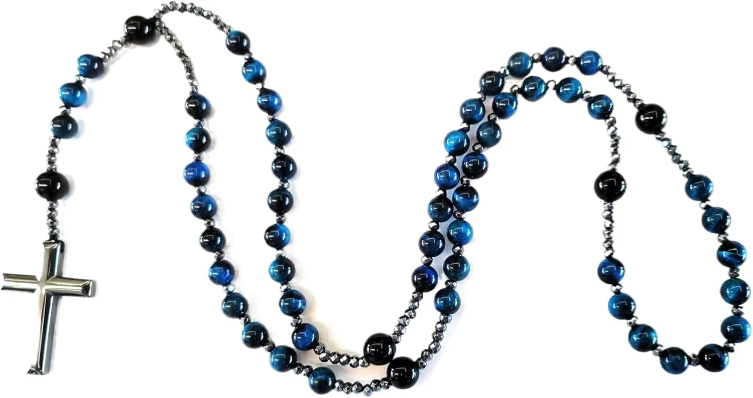 Stone Rosary Necklace with Black Agate and Hematite Beads  Handcrafted Rosary Bead Cross Necklace for Men