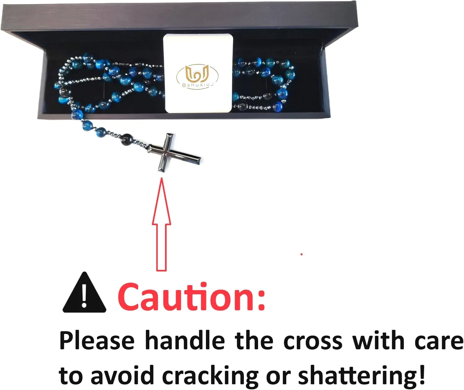 Stone Rosary Necklace with Black Agate and Hematite Beads  Handcrafted Rosary Bead Cross Necklace for Men