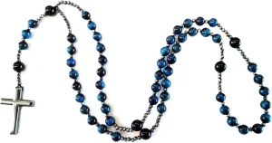 Stone Rosary Necklace with Black Agate and Hematite Beads  Handcrafted Rosary Bead Cross Necklace for Men