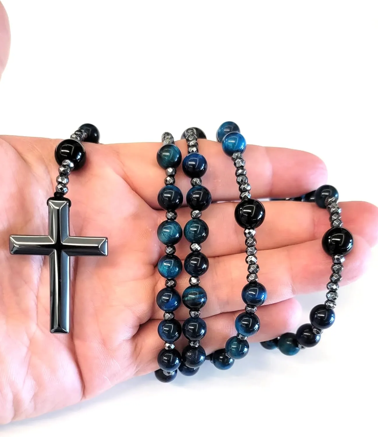 Stone Rosary Necklace with Black Agate and Hematite Beads  Handcrafted Rosary Bead Cross Necklace for Men