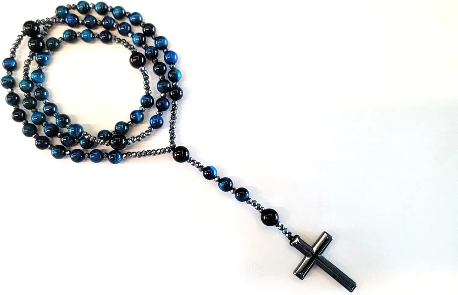Stone Rosary Necklace with Black Agate and Hematite Beads  Handcrafted Rosary Bead Cross Necklace for Men
