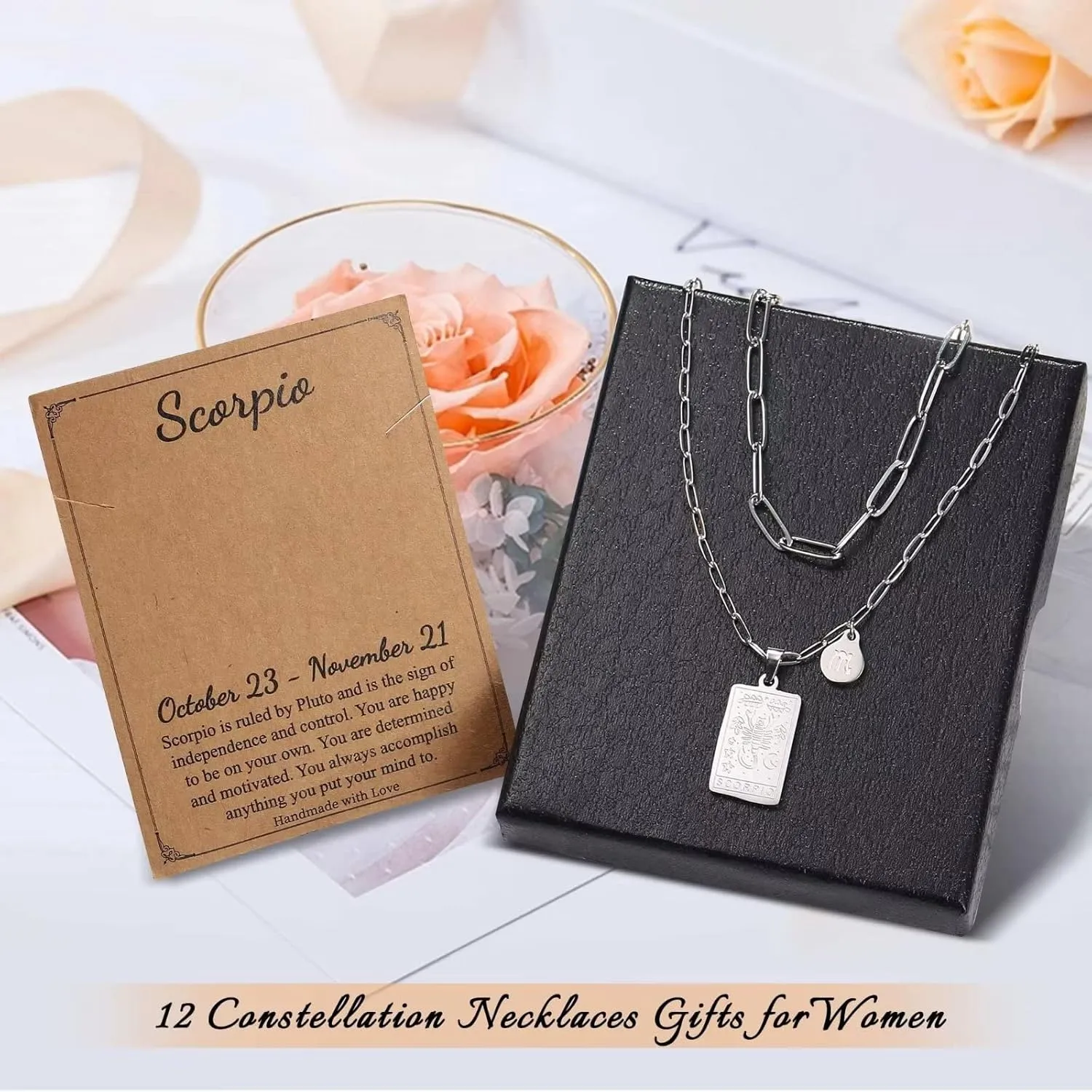 STORUP Zodiac Layered Necklaces for Women, Retro 12 Constellation Pendant Necklace for Women Tarot Card Necklace Jewelry Mothers Day Birthday Gift for Her