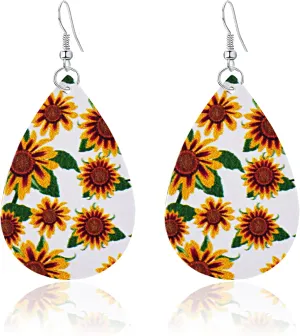 Sunflower Leather PU Earrings for Women Light Weight Boho Cute Sunflower Printed Dangle Earrings