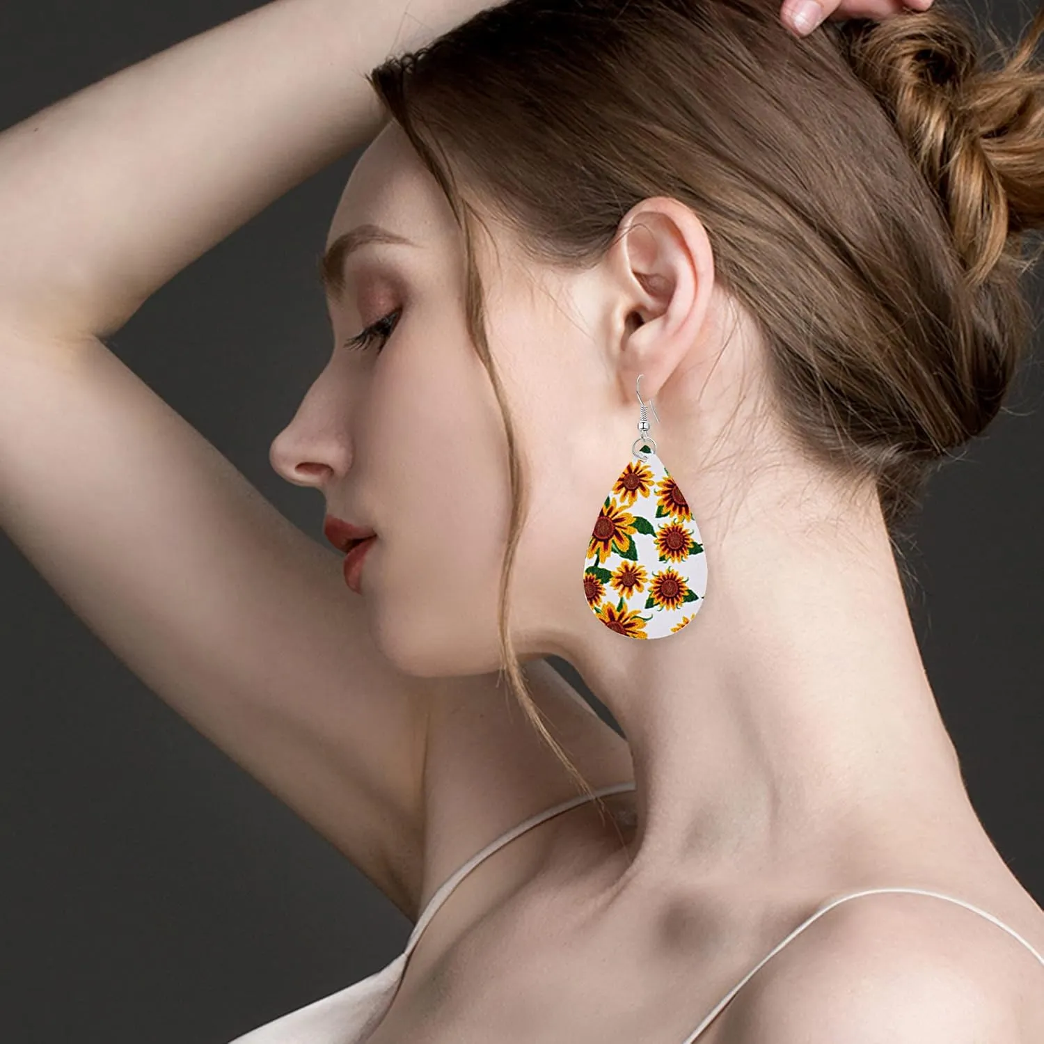 Sunflower Leather PU Earrings for Women Light Weight Boho Cute Sunflower Printed Dangle Earrings
