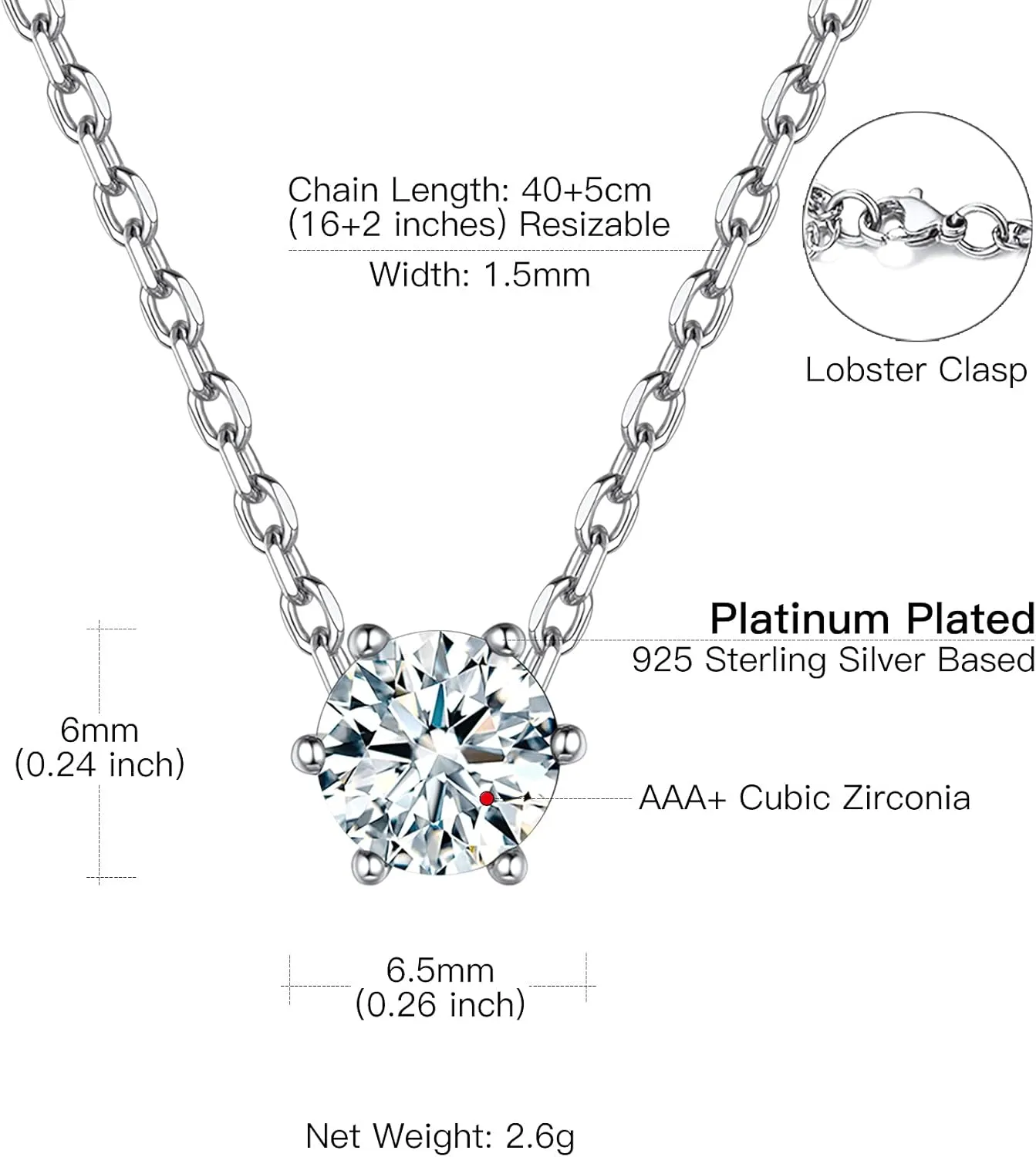 Suplight 925 Sterling Silver 6 Prong Birthstone Necklace/Stud Earrings, Dainty Small Crystal Jewelry for Women (with Gift Box)