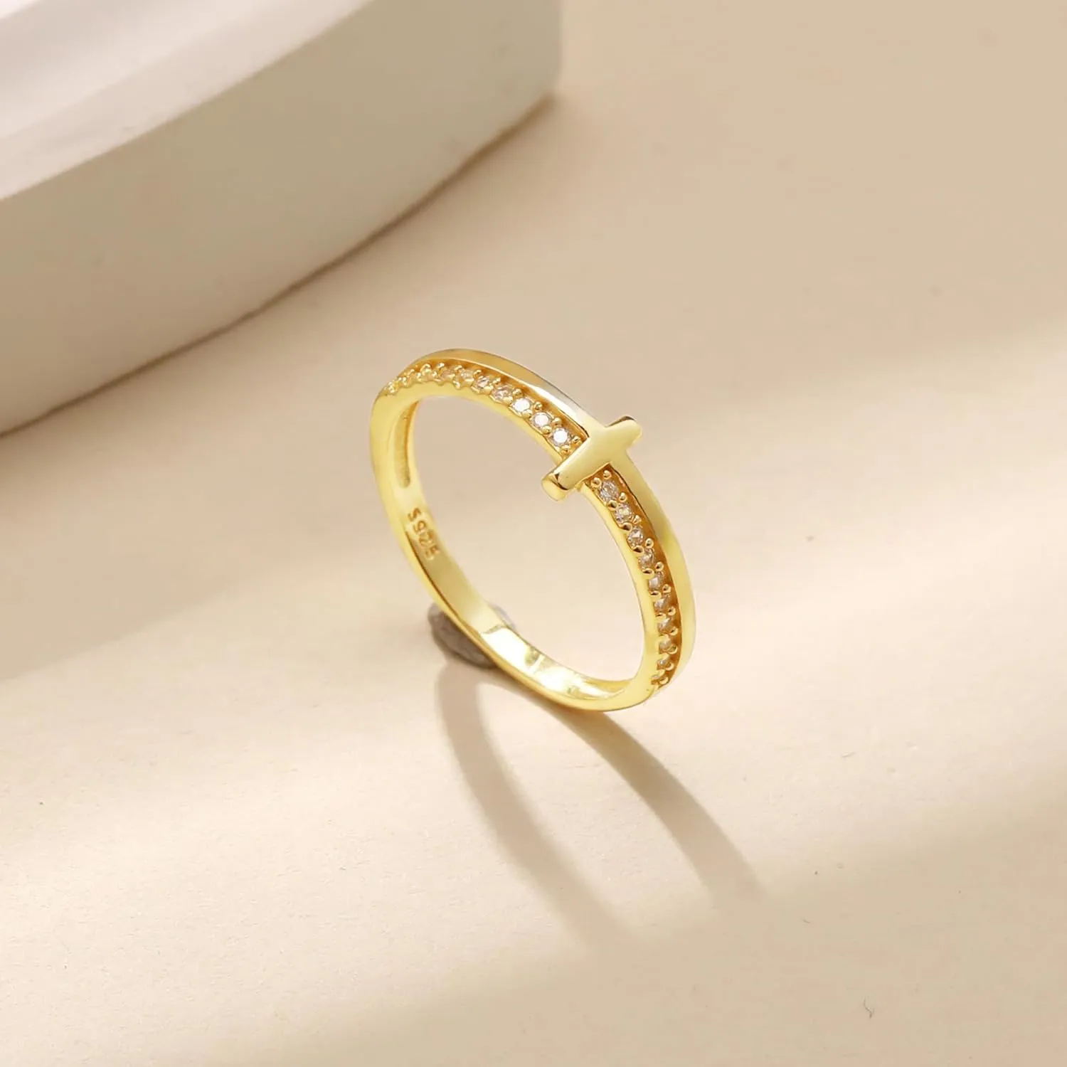 SUYACS 14K Gold Plated Cross Pray Rings for Women Non Tarnish 925 Sterling Silver Dainty CZ Faith Ring Trendy Stackable Eternity Promise Ring Birthday Wedding Jewelry Gifts to My Daughter