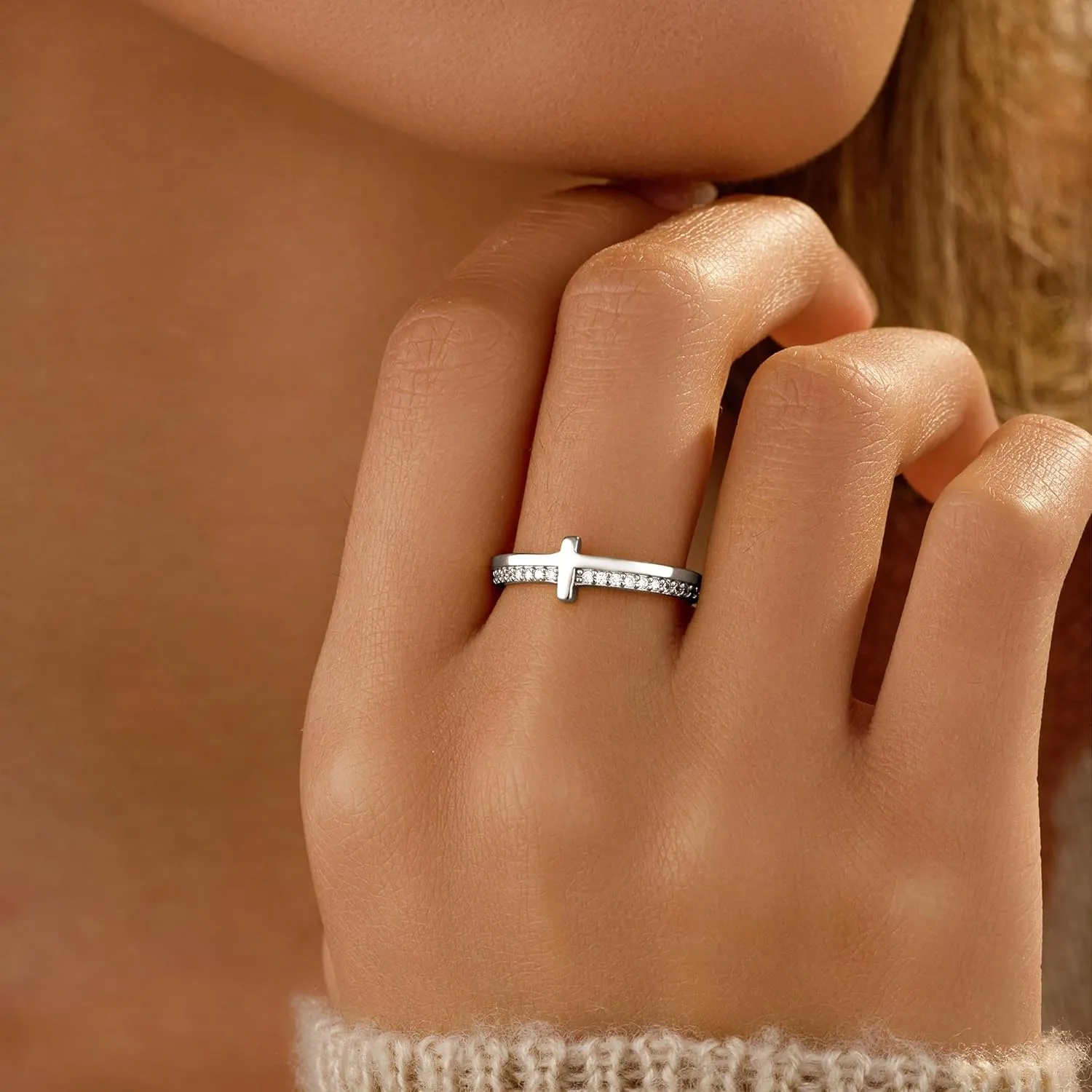 SUYACS 14K Gold Plated Cross Pray Rings for Women Non Tarnish 925 Sterling Silver Dainty CZ Faith Ring Trendy Stackable Eternity Promise Ring Birthday Wedding Jewelry Gifts to My Daughter
