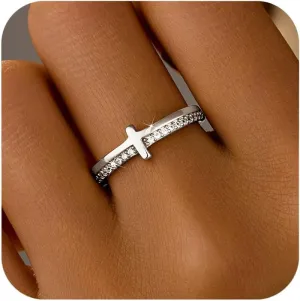 SUYACS 14K Gold Plated Cross Pray Rings for Women Non Tarnish 925 Sterling Silver Dainty CZ Faith Ring Trendy Stackable Eternity Promise Ring Birthday Wedding Jewelry Gifts to My Daughter