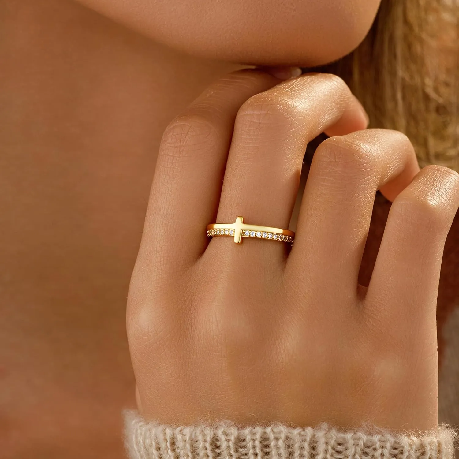 SUYACS 14K Gold Plated Cross Pray Rings for Women Non Tarnish 925 Sterling Silver Dainty CZ Faith Ring Trendy Stackable Eternity Promise Ring Birthday Wedding Jewelry Gifts to My Daughter