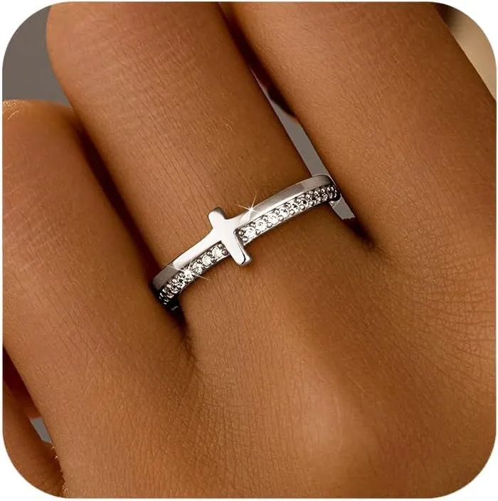 SUYACS 14K Gold Plated Cross Pray Rings for Women Non Tarnish 925 Sterling Silver Dainty CZ Faith Ring Trendy Stackable Eternity Promise Ring Birthday Wedding Jewelry Gifts to My Daughter