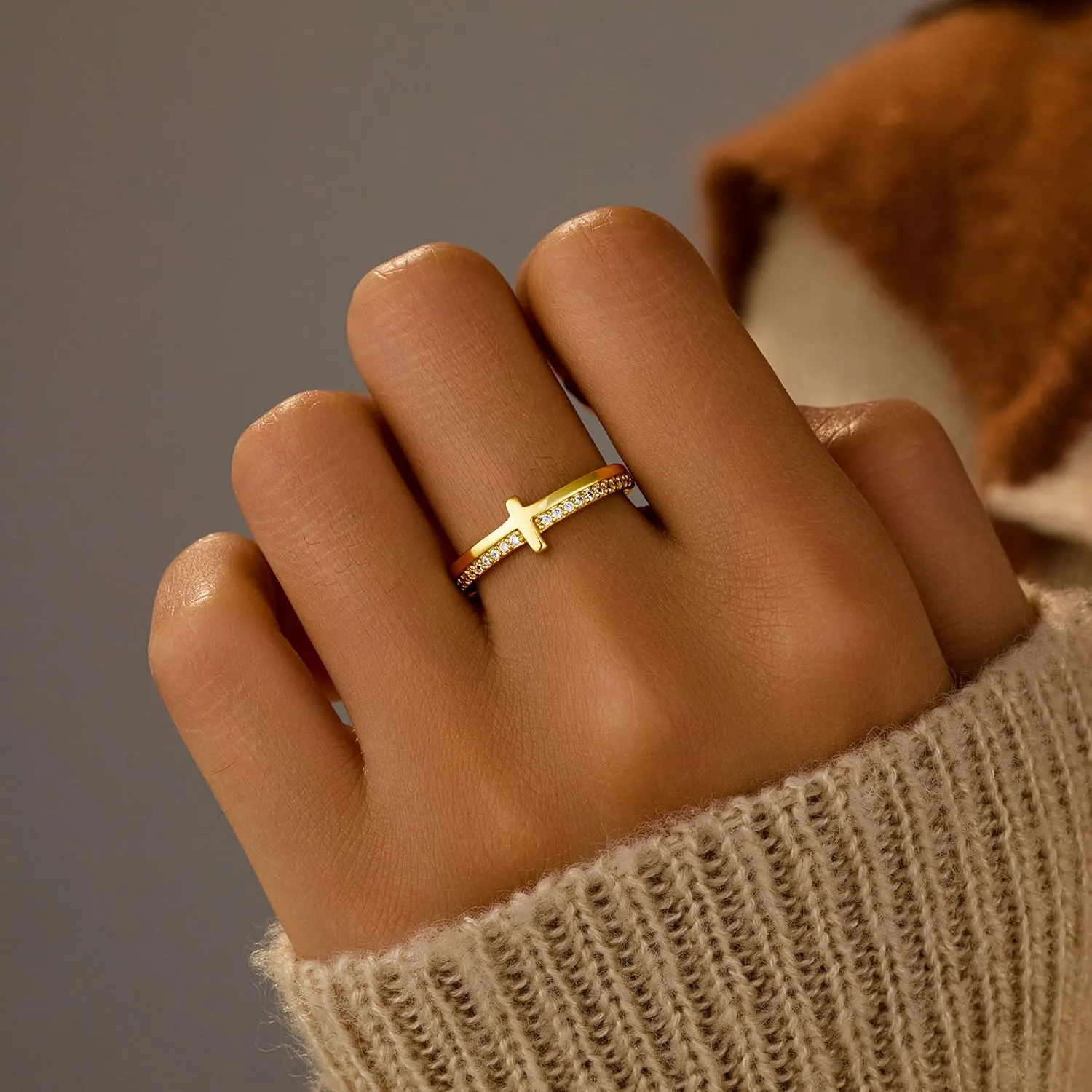 SUYACS 14K Gold Plated Cross Pray Rings for Women Non Tarnish 925 Sterling Silver Dainty CZ Faith Ring Trendy Stackable Eternity Promise Ring Birthday Wedding Jewelry Gifts to My Daughter