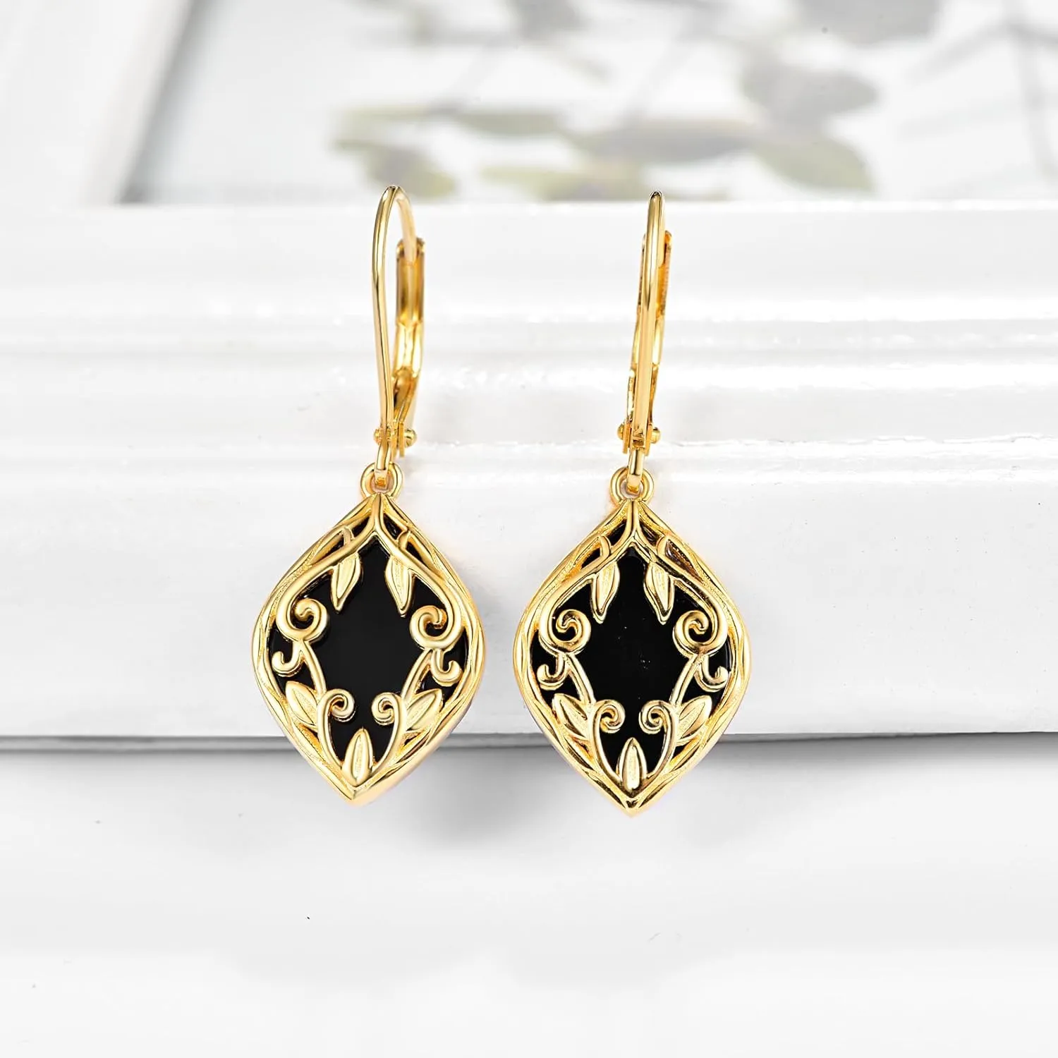 TANGPOET Black Onyx Dangle Earrings 925 Sterling Silver Filigree Boho Dangle Earrings French Back Earrings Black Onyx Jewelry Gifts for Women Girls
