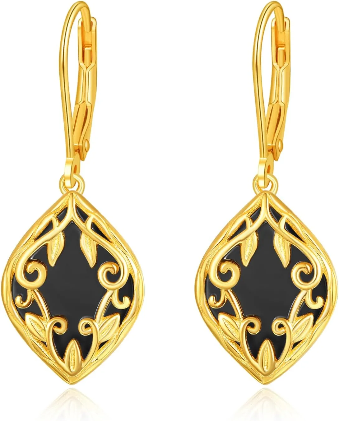 TANGPOET Black Onyx Dangle Earrings 925 Sterling Silver Filigree Boho Dangle Earrings French Back Earrings Black Onyx Jewelry Gifts for Women Girls