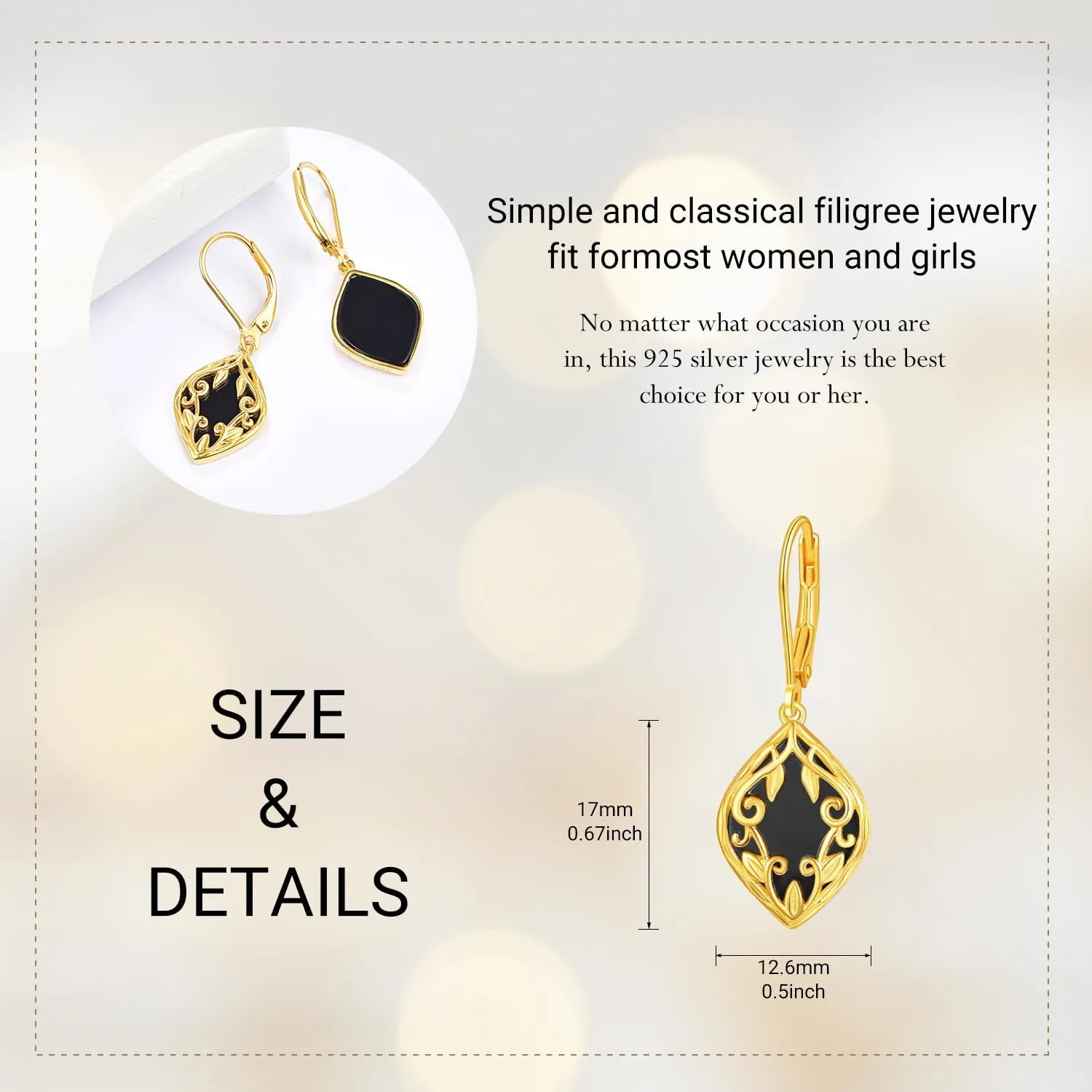TANGPOET Black Onyx Dangle Earrings 925 Sterling Silver Filigree Boho Dangle Earrings French Back Earrings Black Onyx Jewelry Gifts for Women Girls