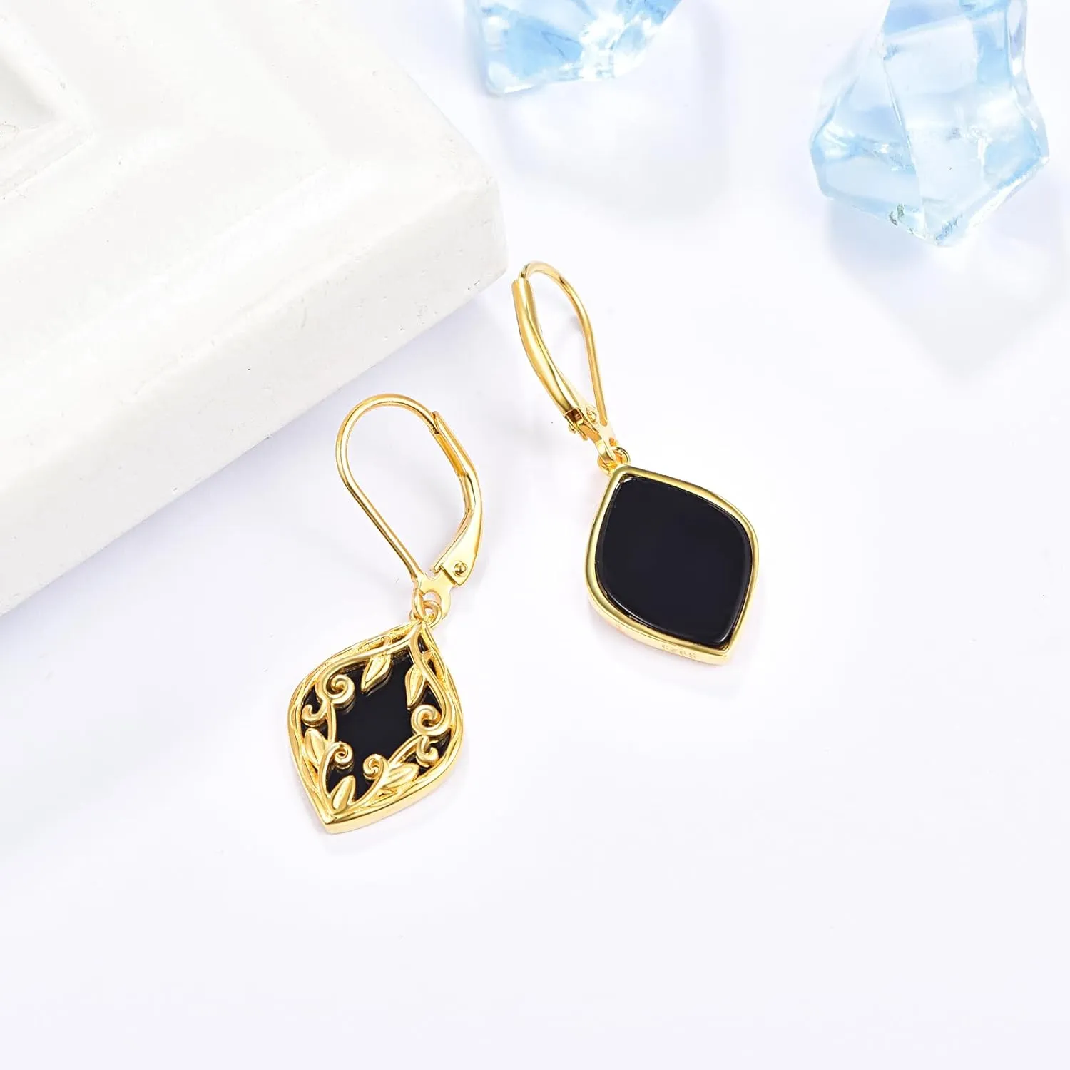 TANGPOET Black Onyx Dangle Earrings 925 Sterling Silver Filigree Boho Dangle Earrings French Back Earrings Black Onyx Jewelry Gifts for Women Girls