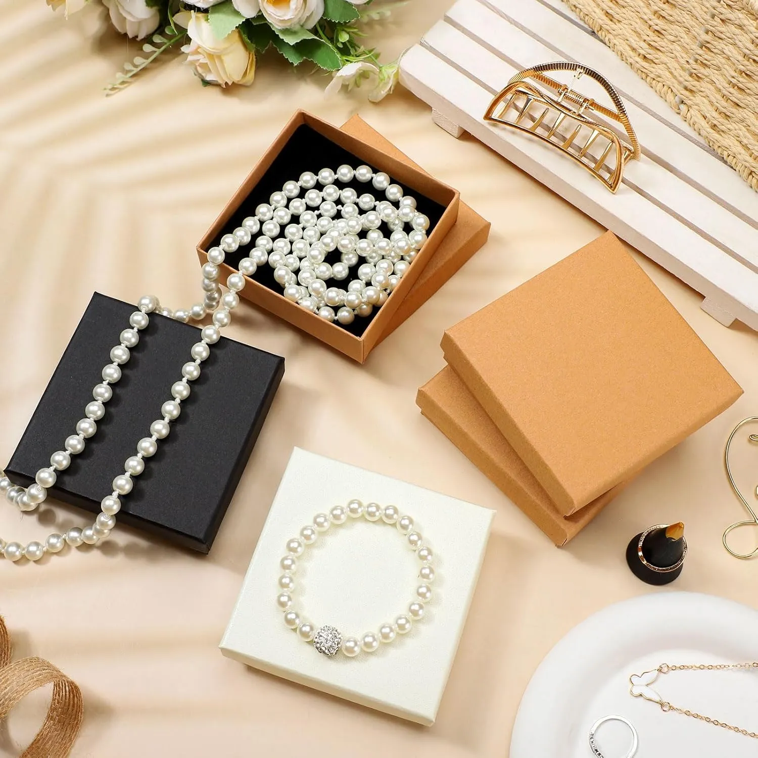 Tenceur 100 Pcs Jewelry Gift Boxes Bulk Kraft Jewelry Cardboard Boxes for Necklace Earring Bracelet Storage Package Display