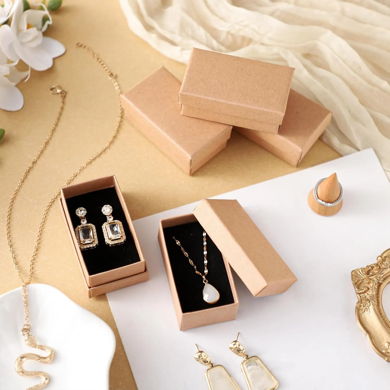 Tenceur 100 Pcs Jewelry Gift Boxes Bulk Kraft Jewelry Cardboard Boxes for Necklace Earring Bracelet Storage Package Display