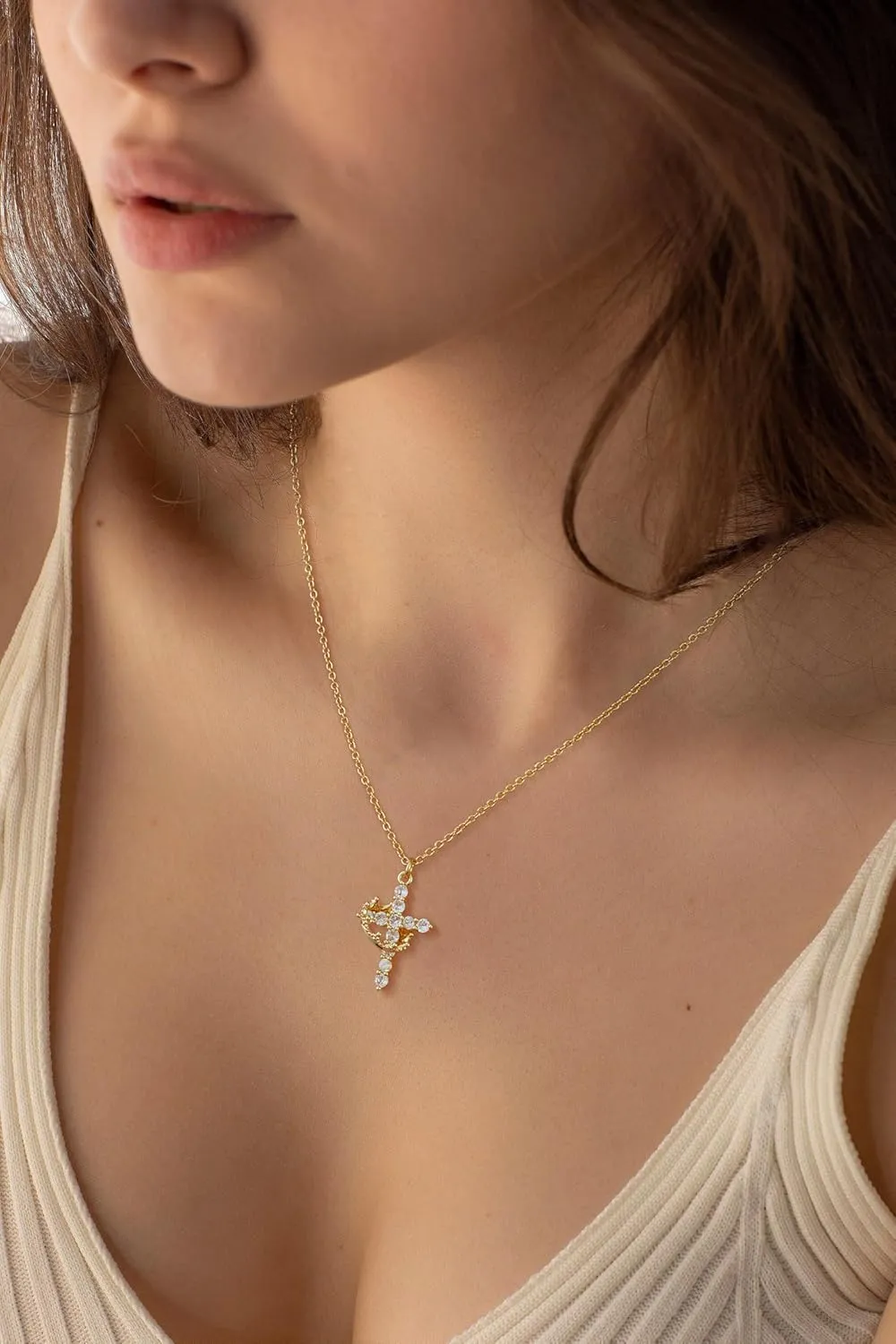 Tewiky Diamond Cross Necklace for women-Dainty 14k Gold Cubic Zirconia Pendant Necklaces Simple Gold Cross Pendant Necklace Cute Tiny Gold Jewelry