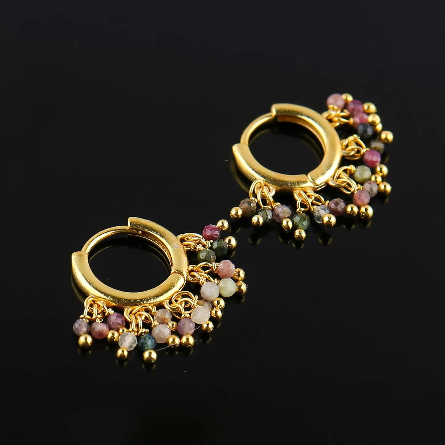 TGH Natural Multi Tourmaline Beads Hoop Earring Tourmaline Earrings for Women Gold Plated Handmade Jewelry, Gift For Her, Valentine Day Gift (Multi Tourmaline)