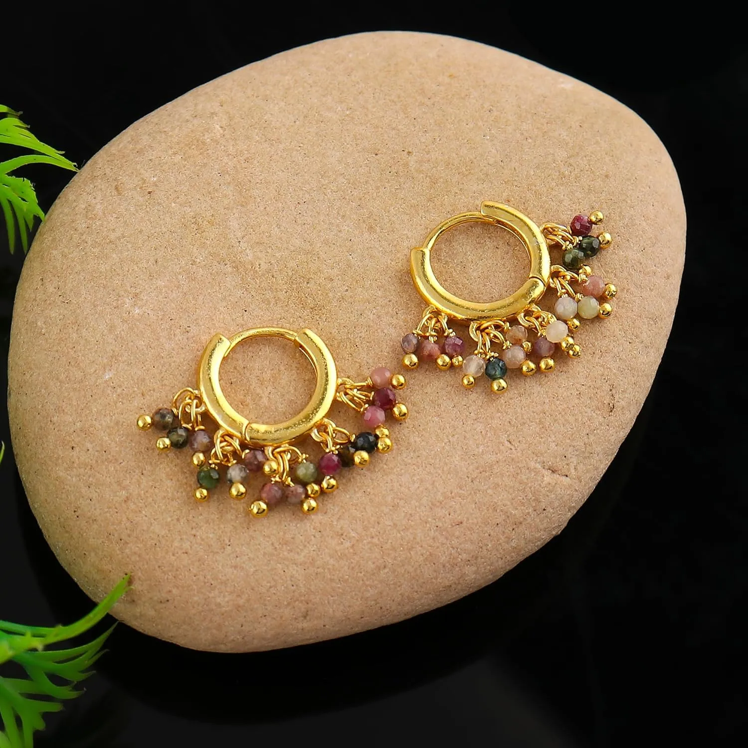 TGH Natural Multi Tourmaline Beads Hoop Earring Tourmaline Earrings for Women Gold Plated Handmade Jewelry, Gift For Her, Valentine Day Gift (Multi Tourmaline)
