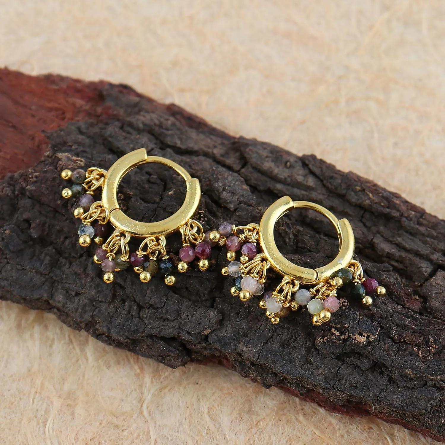 TGH Natural Multi Tourmaline Beads Hoop Earring Tourmaline Earrings for Women Gold Plated Handmade Jewelry, Gift For Her, Valentine Day Gift (Multi Tourmaline)
