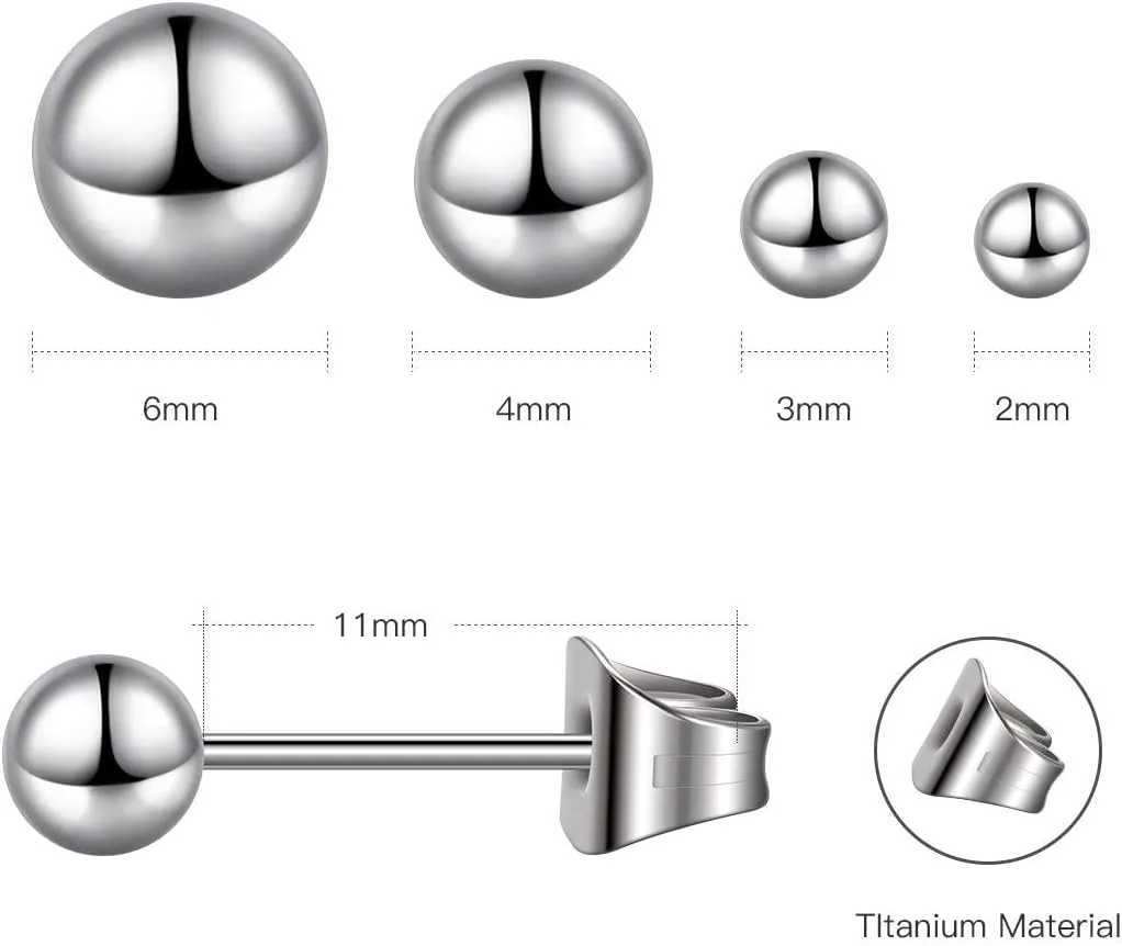 TGNEL 2mm-6mm Ball Titanium Earrings for Tragus/Cartilage/Helix - Silver/14K Gold Plated, Medical Grade for Sensitive Ears