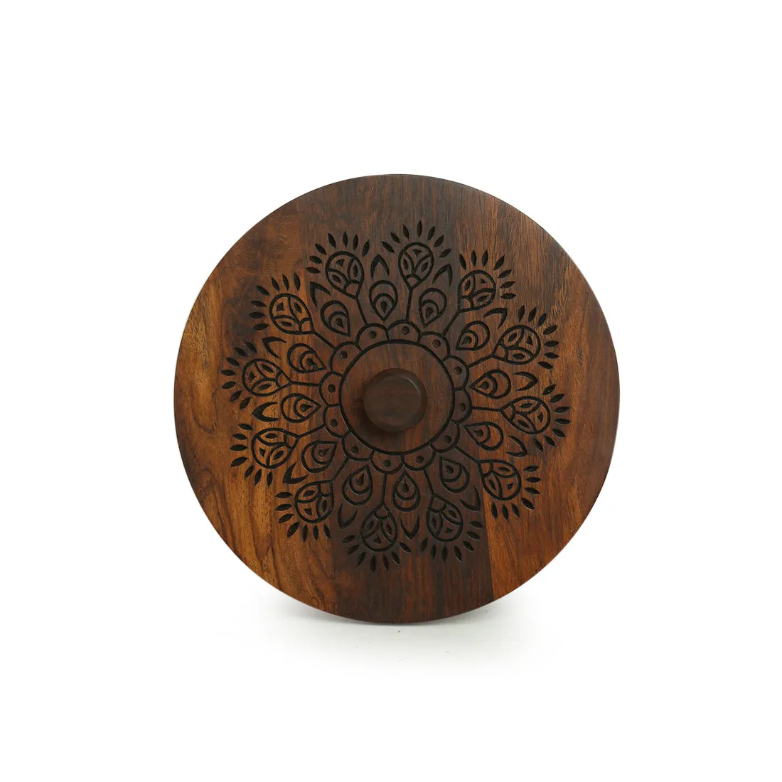 'The Dancing Peacock' Hand Carved Spice Box With Spoon in Sheesham Wood (7 Partitions, 120 ml each)