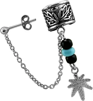 The New Sterling Silver Pot Leaf Ear Cuff Earring With Chain & Ball Stud (One Piece) Handcrafted, universal fit, vibrant enamel, secure artisan design SU033O00294