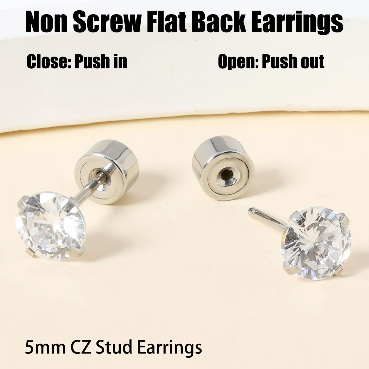 Threadless Flat Back Earrings, Hypoallergenic 14K Real Gold Plated CZ Stud Earrings | Cartilage Earring | Tragus Helix Piercing Jewelry | Push in Flatback Earrings for Women Men