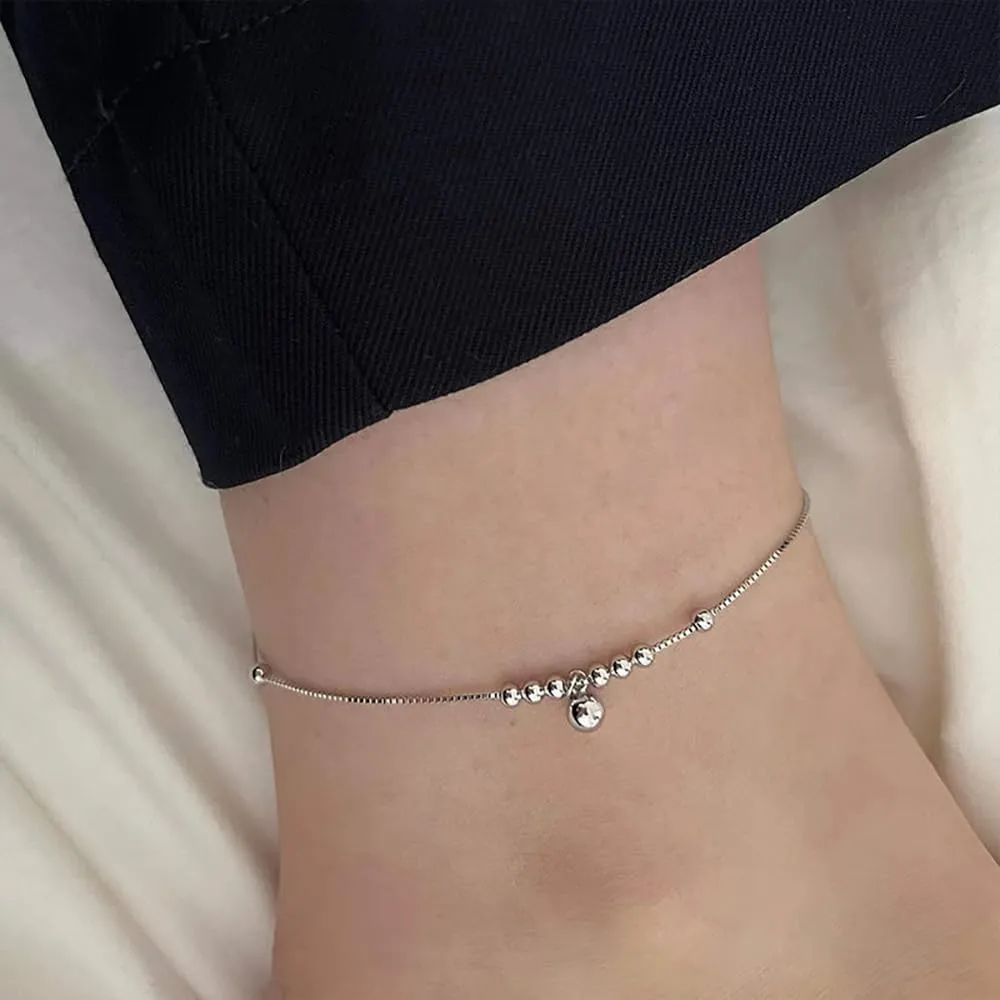 Tinkle Bell Beaded Anklet Bracelet for Women Girls 925 Sterling Silver Bead Ball Jingle Bell Charm Foot Bracelets Dainty Cute Adjustable Chain Jewelry Beach Gifts Christmas