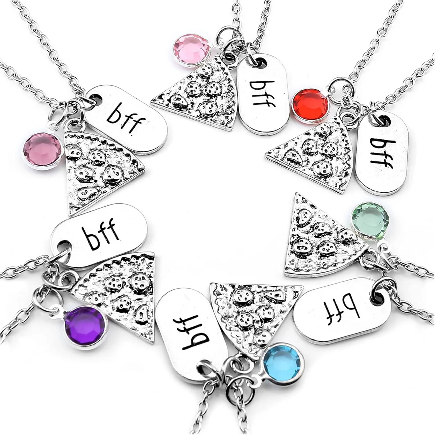 Top Plaza Womens Silver Tone Rhinestone Best Friends Forever BFF Necklace Engraved Pizza Pendant Necklaces 21 Inches - Set of 6