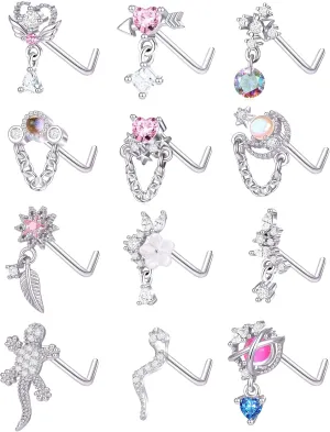 Tornito 12Pcs Nose Ring Nose Stud L Shaped Snake Butterfly CZ Flower Moon Dangle Nose Rings Stud for Women Men Silver Gold Tone 20G