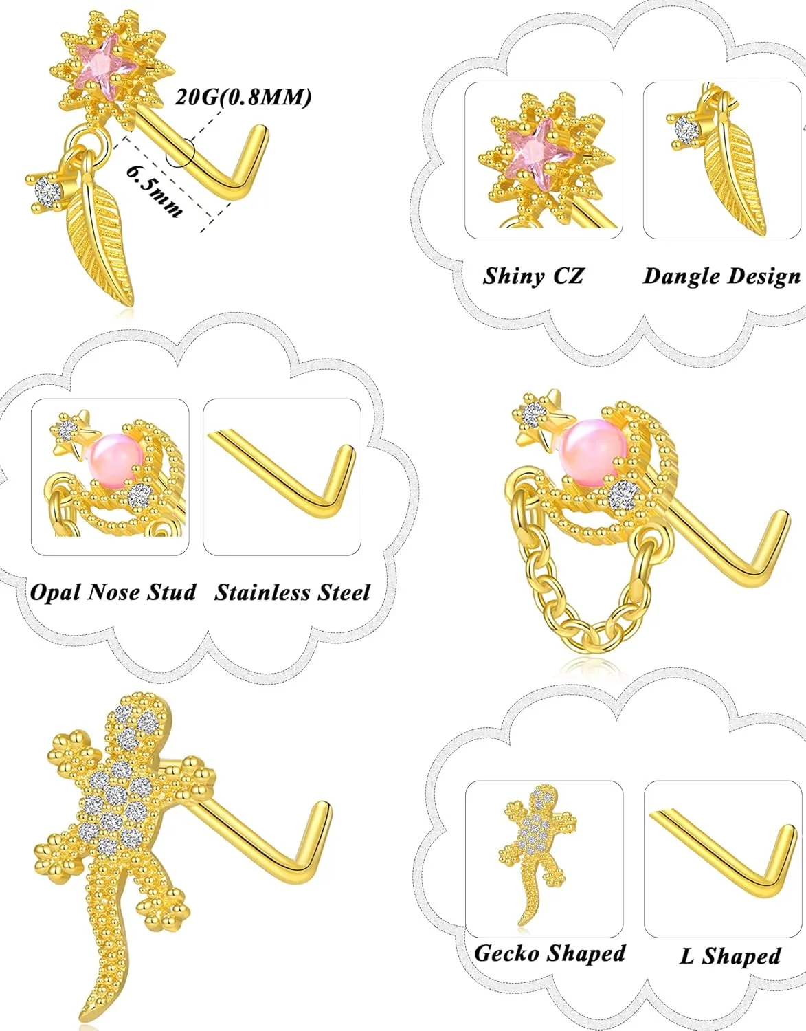 Tornito 12Pcs Nose Ring Nose Stud L Shaped Snake Butterfly CZ Flower Moon Dangle Nose Rings Stud for Women Men Silver Gold Tone 20G