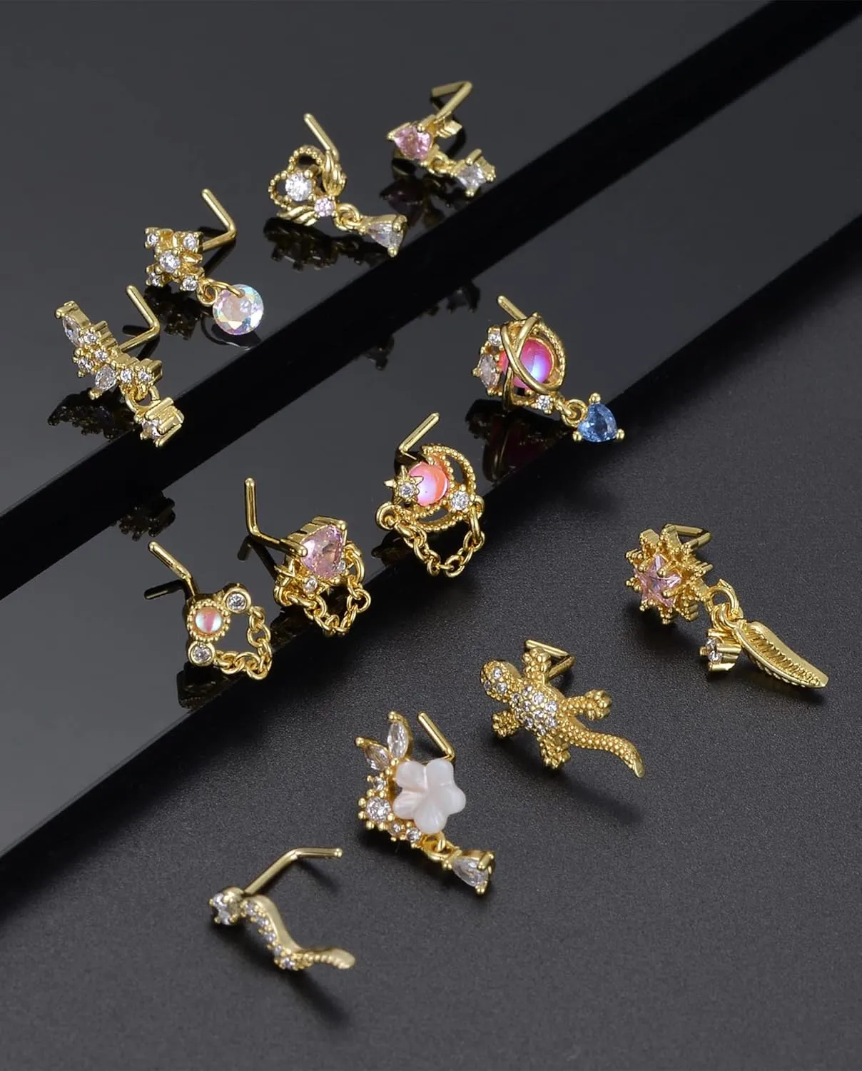 Tornito 12Pcs Nose Ring Nose Stud L Shaped Snake Butterfly CZ Flower Moon Dangle Nose Rings Stud for Women Men Silver Gold Tone 20G