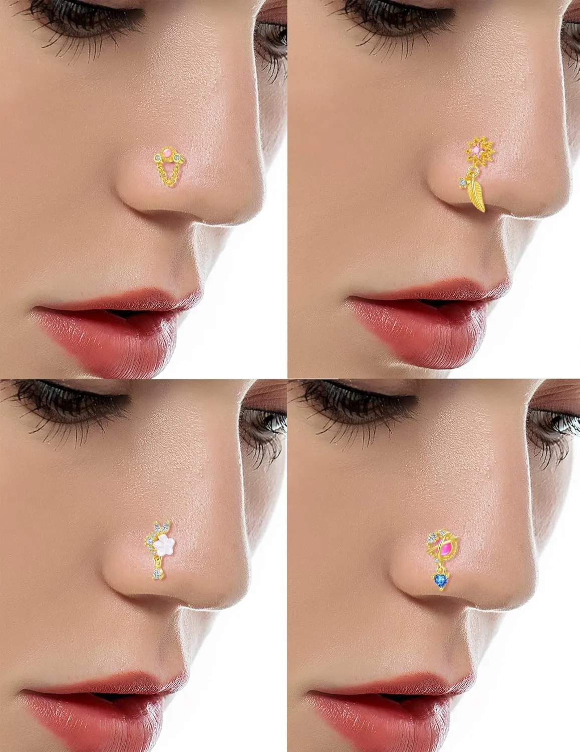 Tornito 12Pcs Nose Ring Nose Stud L Shaped Snake Butterfly CZ Flower Moon Dangle Nose Rings Stud for Women Men Silver Gold Tone 20G