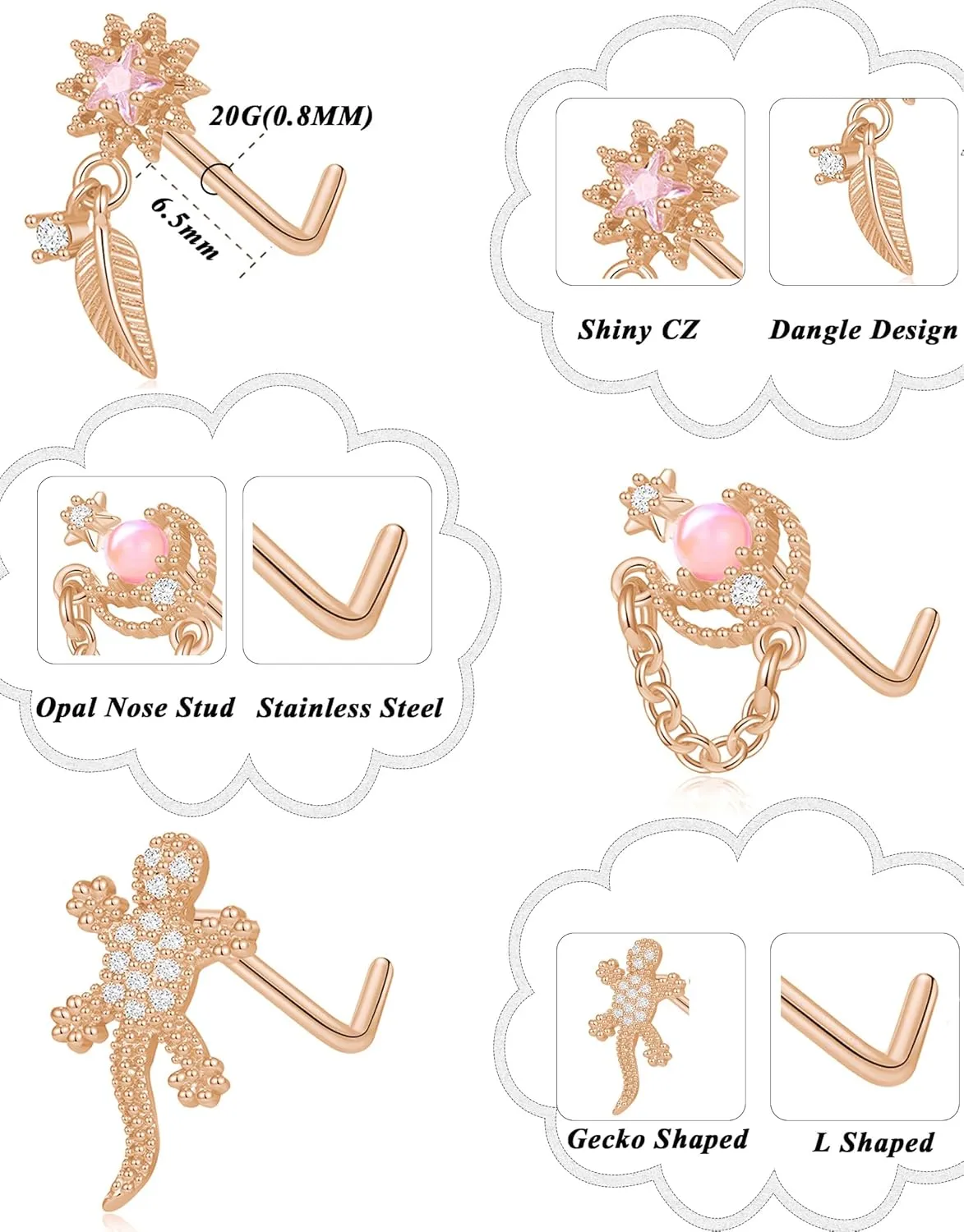 Tornito 12Pcs Nose Ring Nose Stud L Shaped Snake Butterfly CZ Flower Moon Dangle Nose Rings Stud for Women Men Silver Gold Tone 20G