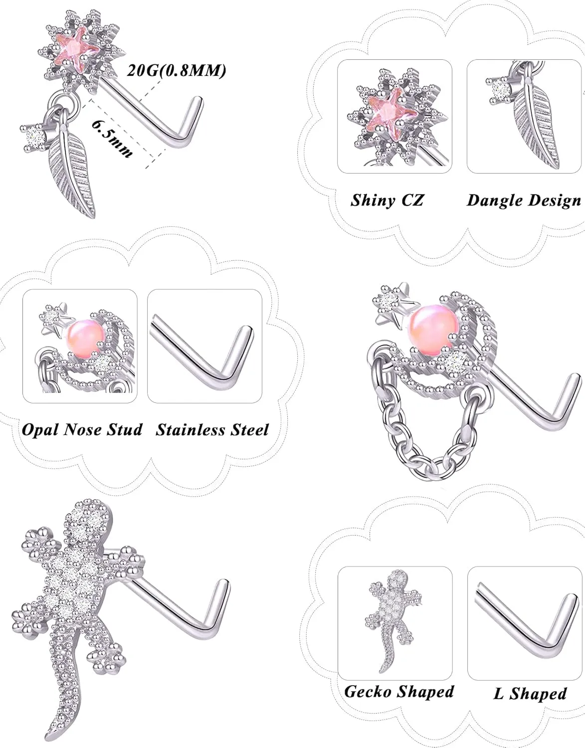 Tornito 12Pcs Nose Ring Nose Stud L Shaped Snake Butterfly CZ Flower Moon Dangle Nose Rings Stud for Women Men Silver Gold Tone 20G