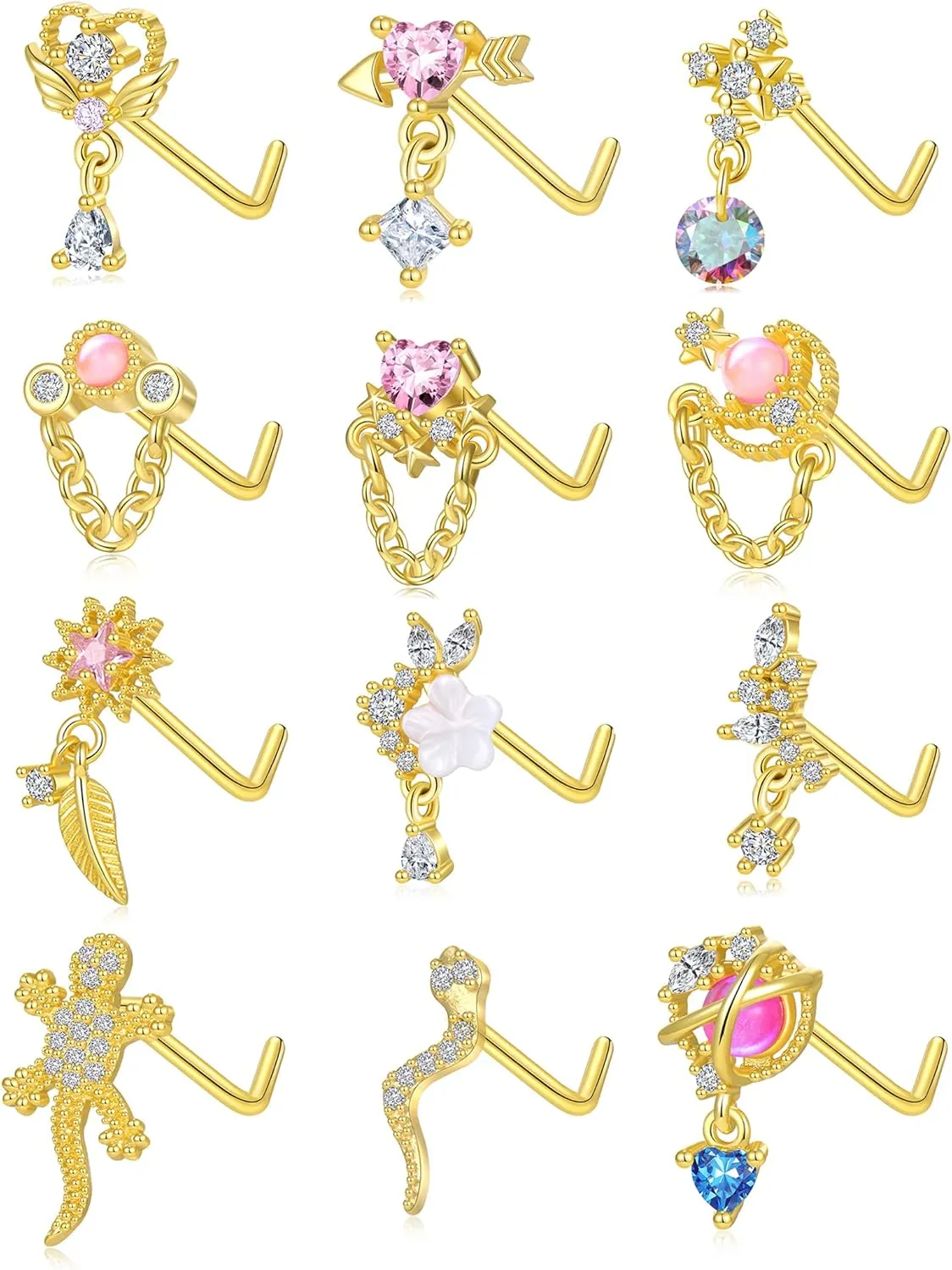 Tornito 12Pcs Nose Ring Nose Stud L Shaped Snake Butterfly CZ Flower Moon Dangle Nose Rings Stud for Women Men Silver Gold Tone 20G