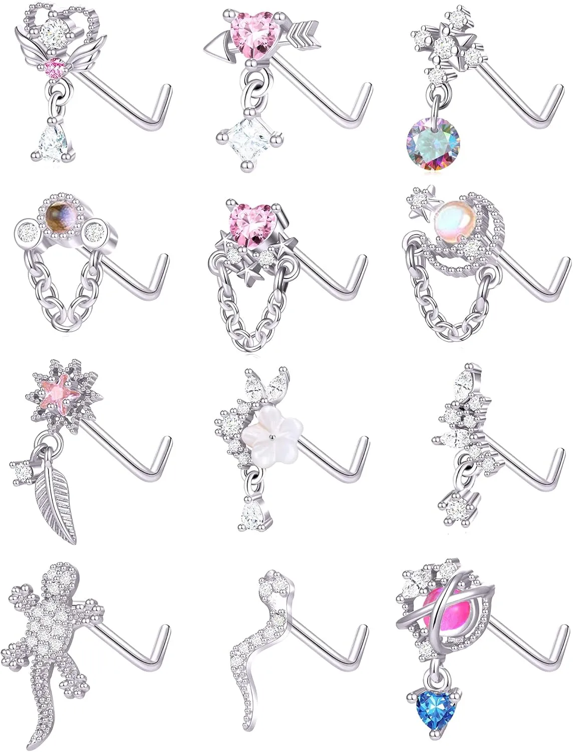 Tornito 12Pcs Nose Ring Nose Stud L Shaped Snake Butterfly CZ Flower Moon Dangle Nose Rings Stud for Women Men Silver Gold Tone 20G