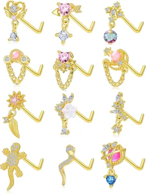 Tornito 12Pcs Nose Ring Nose Stud L Shaped Snake Butterfly CZ Flower Moon Dangle Nose Rings Stud for Women Men Silver Gold Tone 20G
