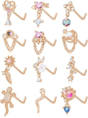Tornito 12Pcs Nose Ring Nose Stud L Shaped Snake Butterfly CZ Flower Moon Dangle Nose Rings Stud for Women Men Silver Gold Tone 20G