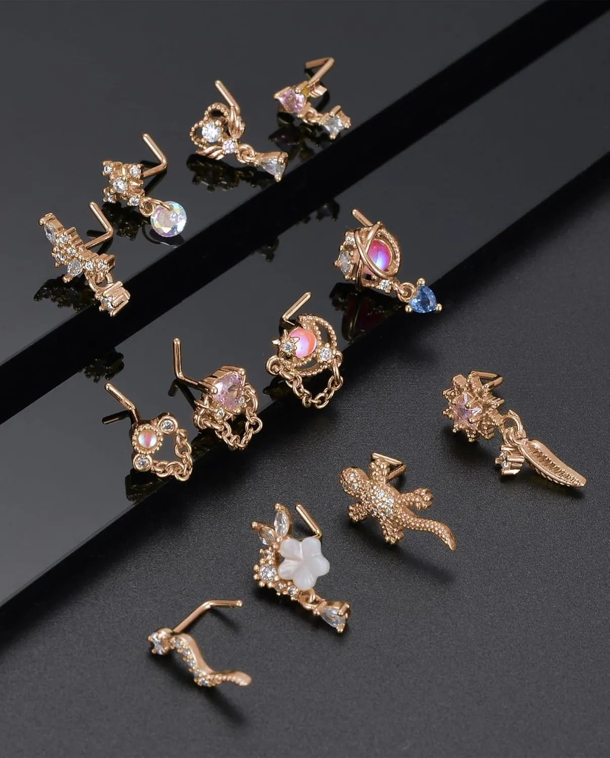 Tornito 12Pcs Nose Ring Nose Stud L Shaped Snake Butterfly CZ Flower Moon Dangle Nose Rings Stud for Women Men Silver Gold Tone 20G